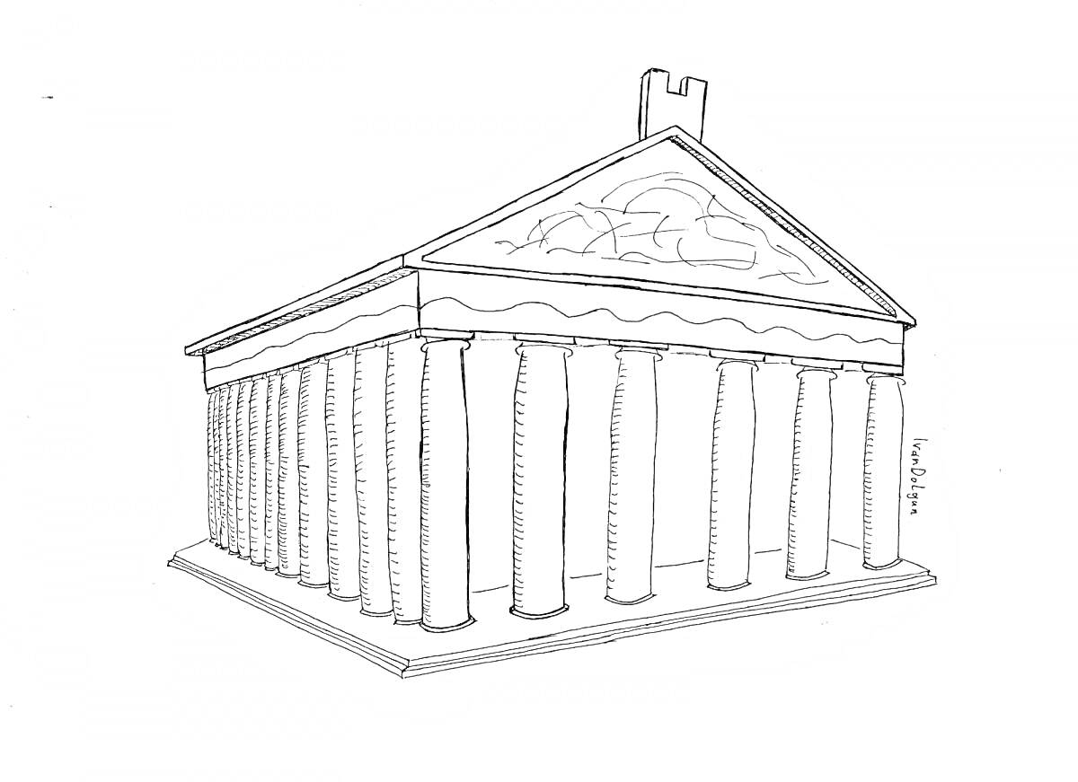 Раскраска Древнегреческий храм с колоннадой и фронтоном, украшенным скульптурным рельефом