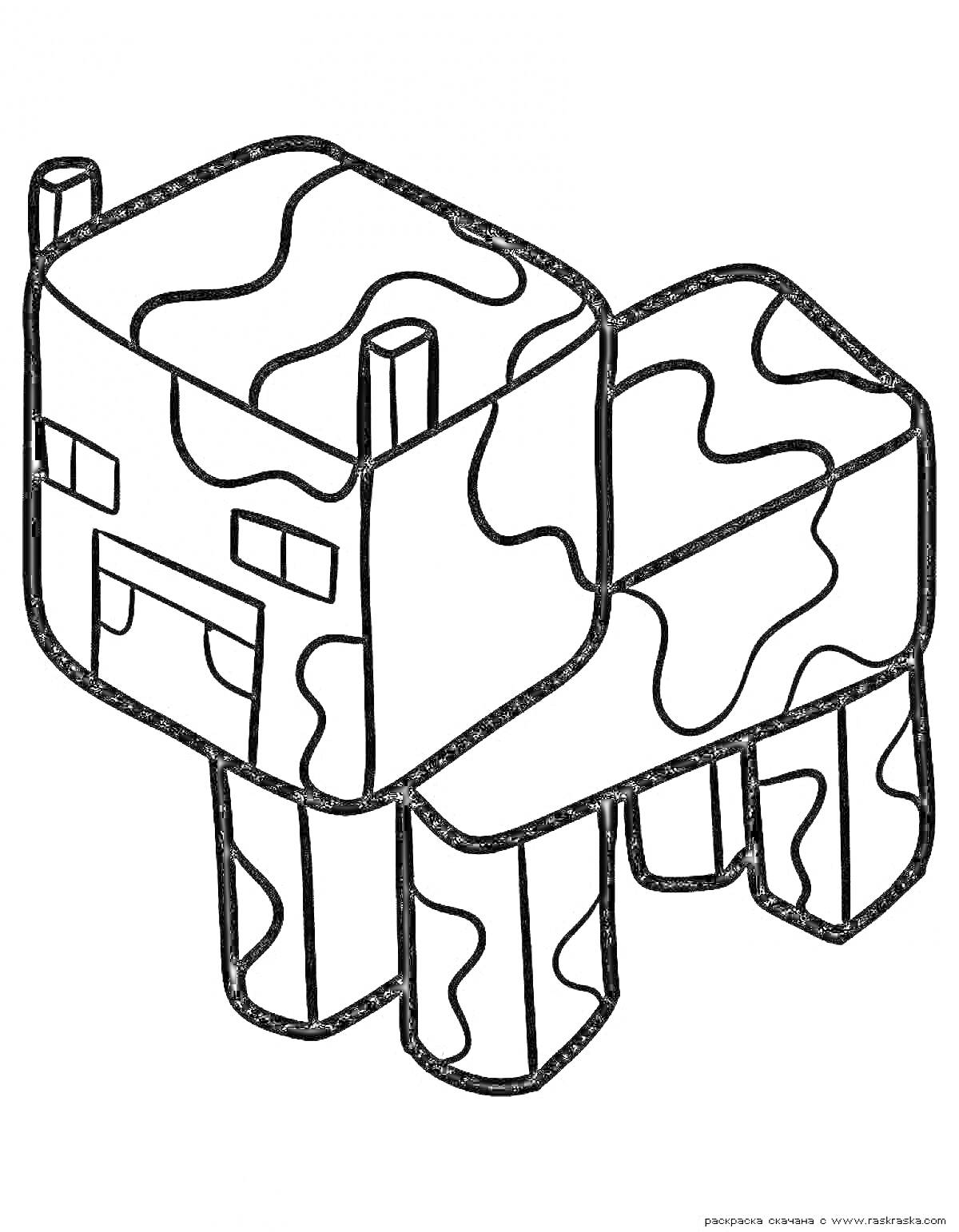 Раскраска Раскраска с Minecraft коровой, в стиле кубических форм, с пятнами и квадратной головой, четвероногая