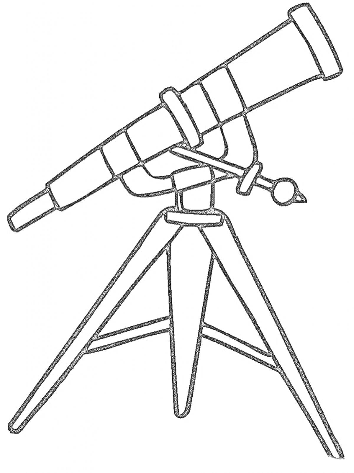 На раскраске изображено: Телескоп, Тренога, Для детей, Астрономия, Научное оборудование, Наблюдение, Космос, Оптика