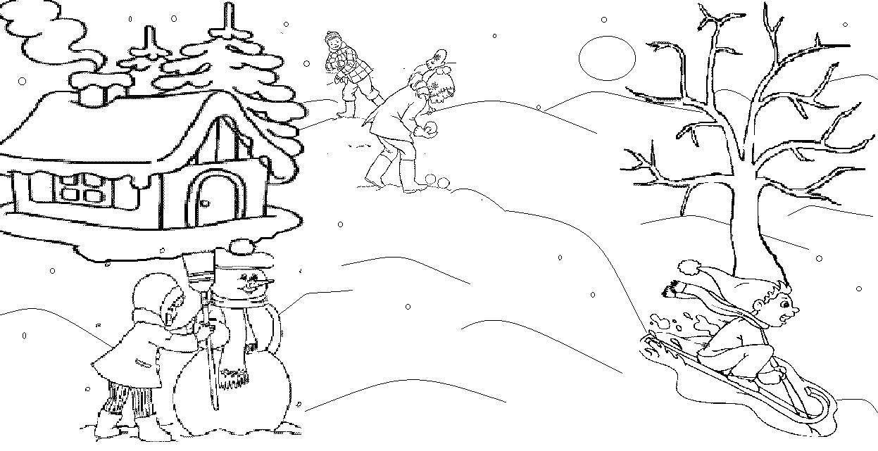 На раскраске изображено: Зима, Снежный пейзаж, Домик, Елки, Снег, Для детей, Деревья, Сани, Снеговики