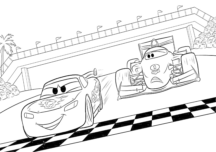Раскраска Два гоночных автомобиля пересекают финишную черту на фоне трибун и моста