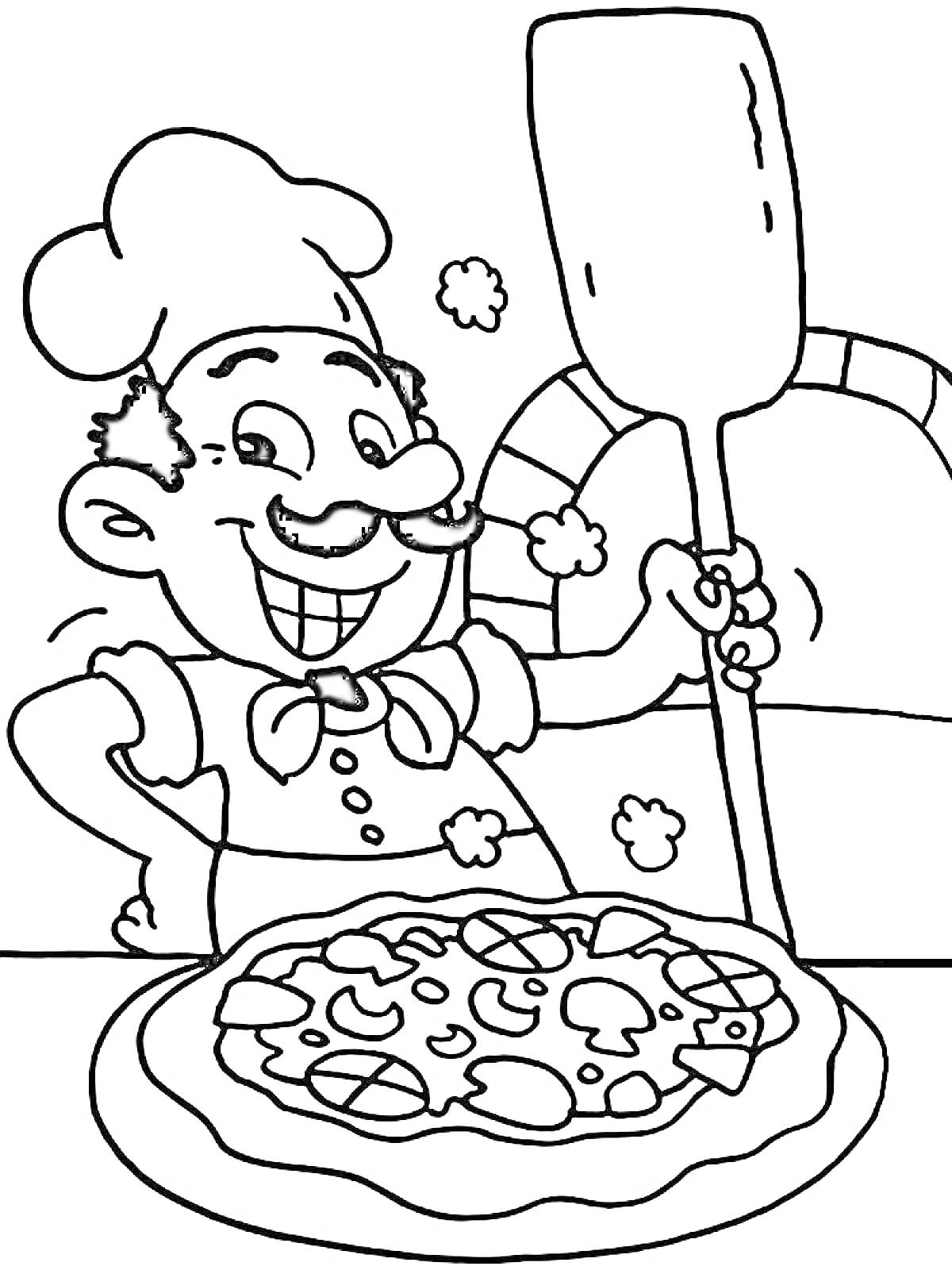 Повар улыбается и держит лопату для пиццы возле печи с готовой пиццей на переднем плане