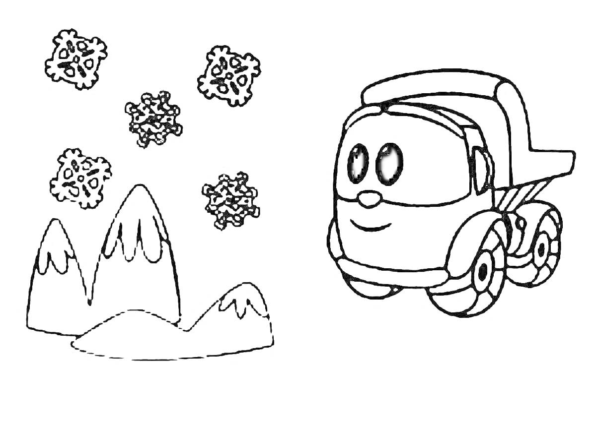 На раскраске изображено: Снег, Снежинки, Горы, Зима, Транспорт, Для детей, Авто