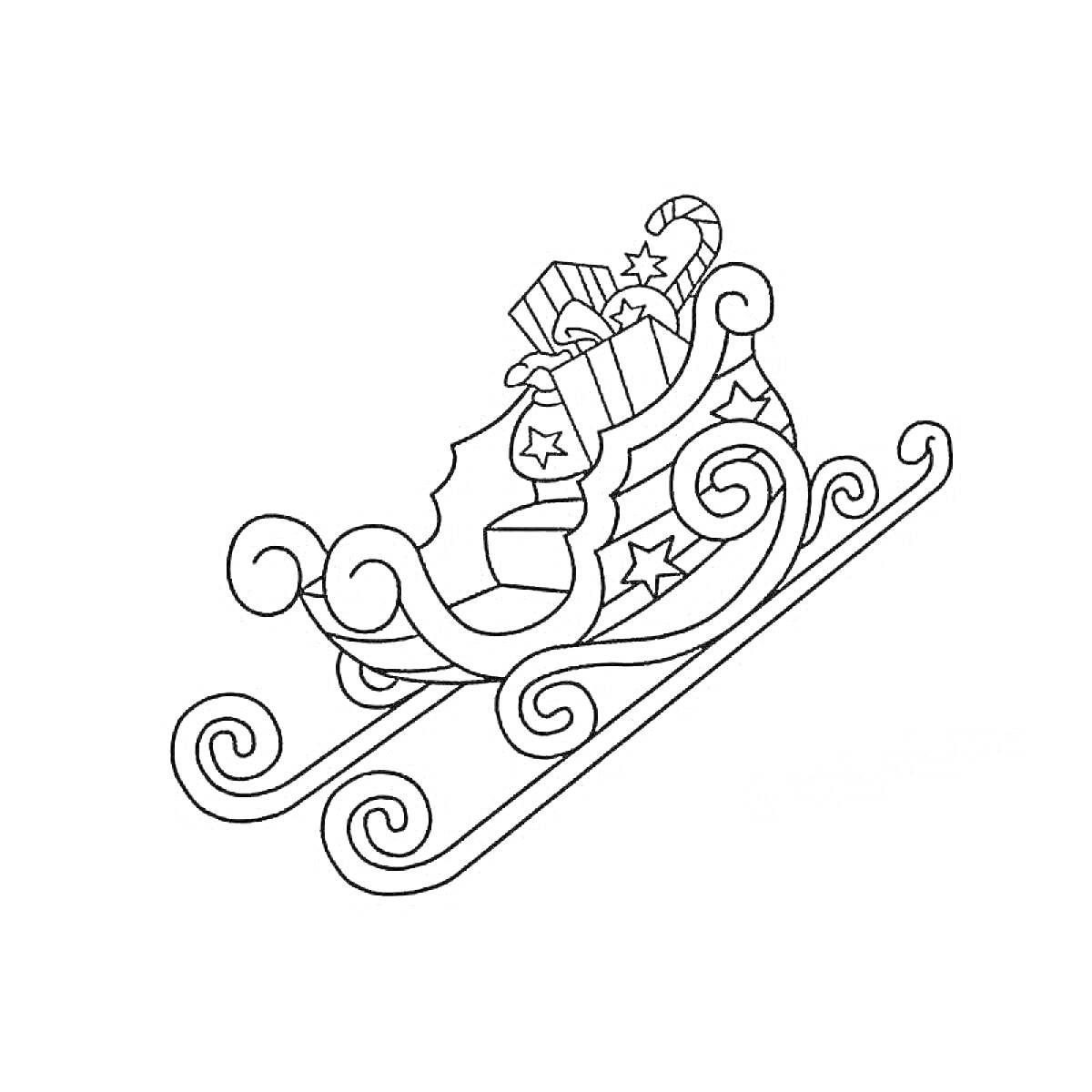 Раскраска Сани Деда Мороза с подарками, звездочками и леденцами