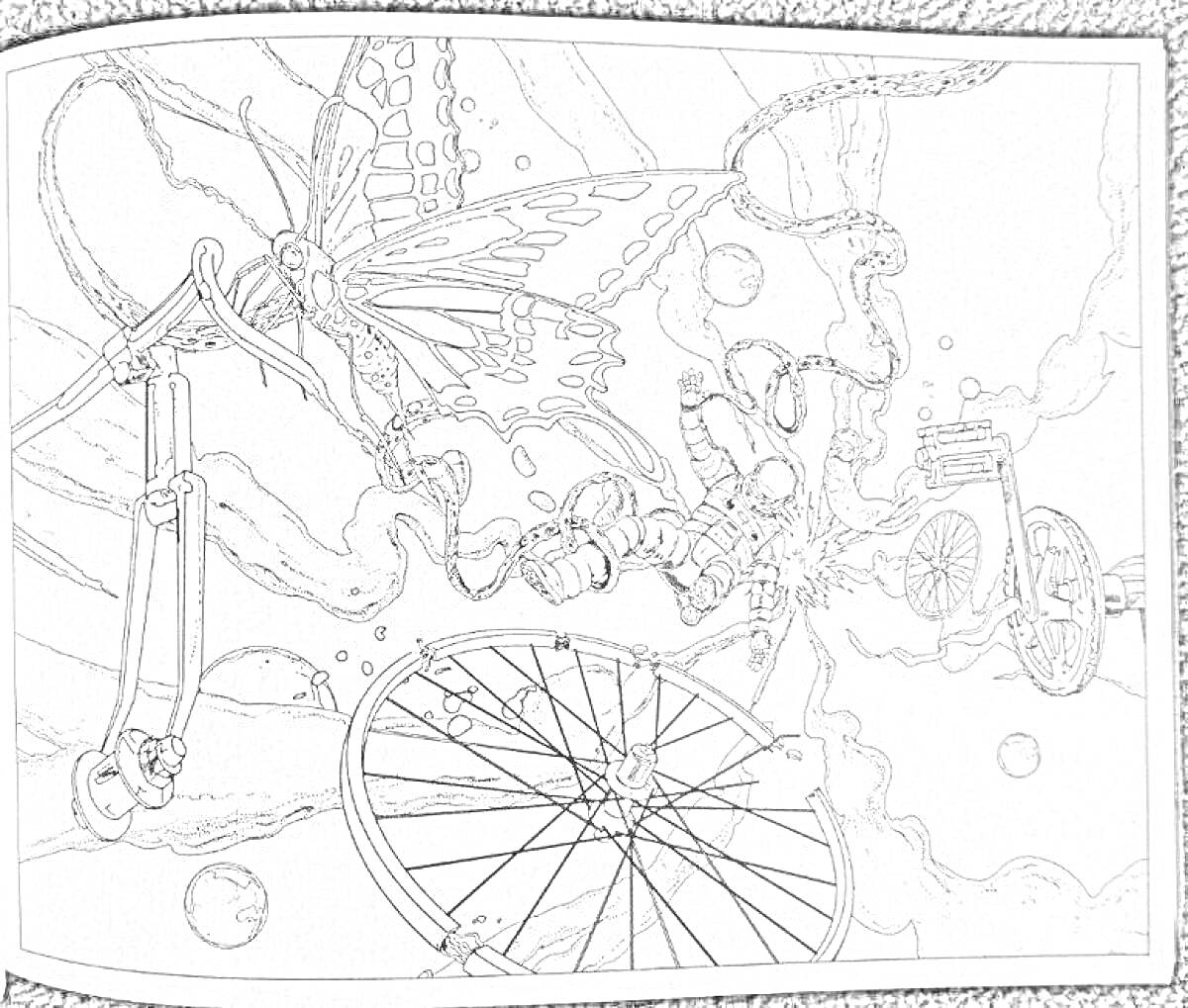 На раскраске изображено: Велосипед, Колеса, Крылья, Облака, Компас, Пузыри