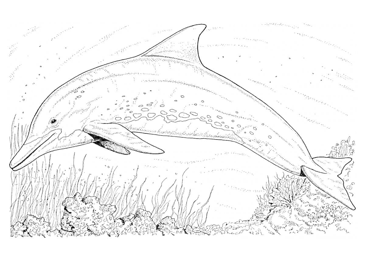 Раскраска Дельфин, плывущий в океане среди водорослей и кораллов