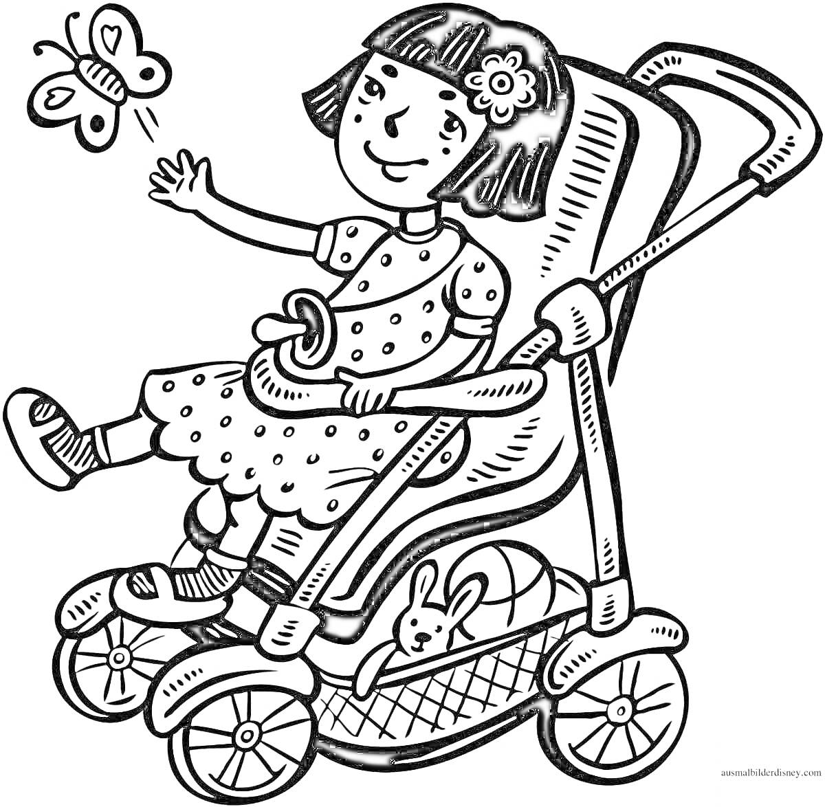 На раскраске изображено: Коляска, Малыш, Ребёнок, Бабочка, Игрушка, Девочка