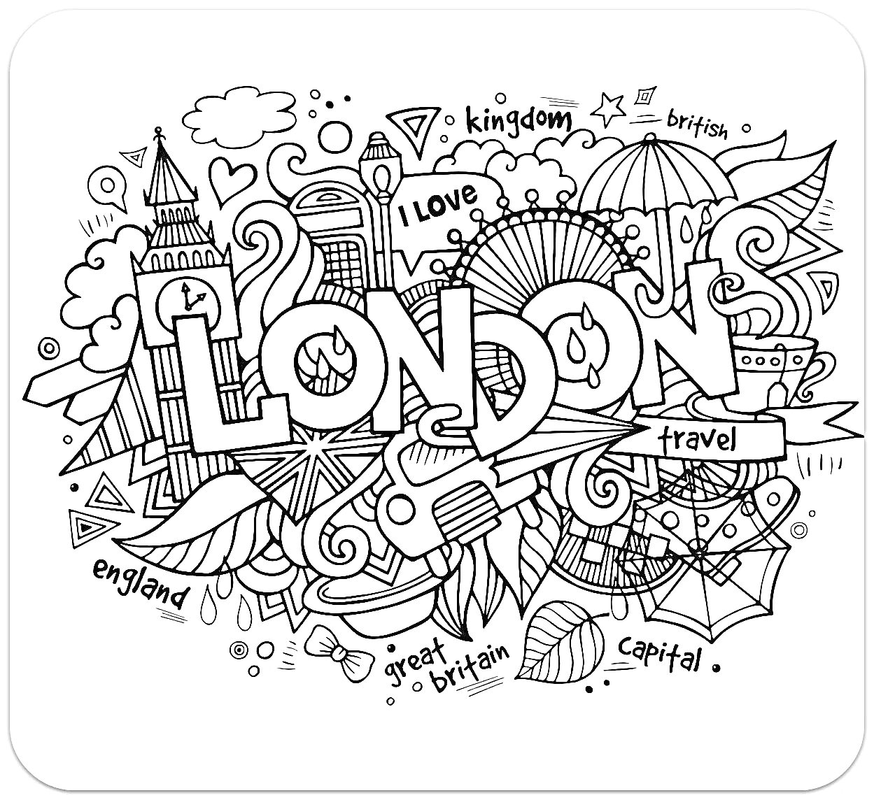 Раскраска London — Big Ben, колесо обозрения, автобус, зонтики, облака, корона, значки, ковбойская шляпа, радуга, звездочки, сердечки, надписи (kingdom, british, england, great britain, capital, travel, i love)