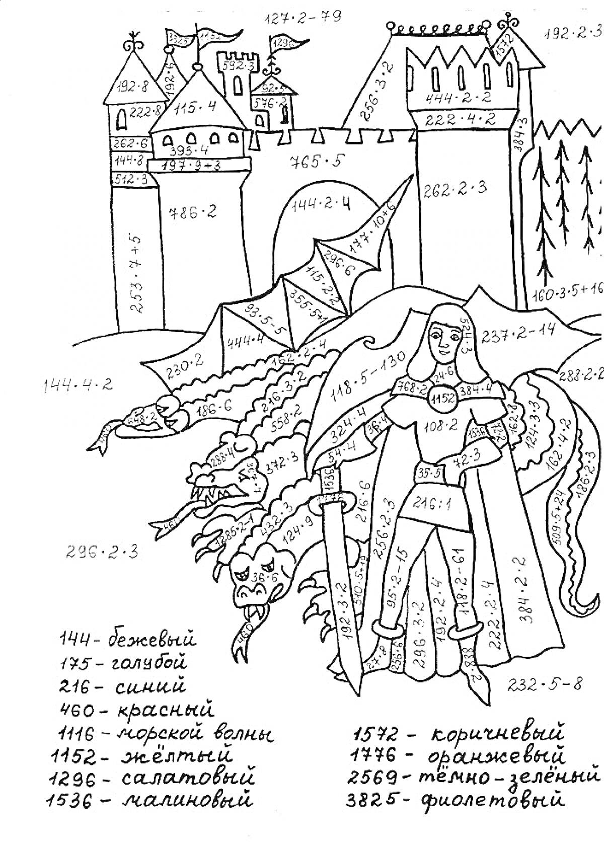 Раскраска средневековый замок, рыцарь и дракон с элементами для математических примеров, раскраска для 4 класса