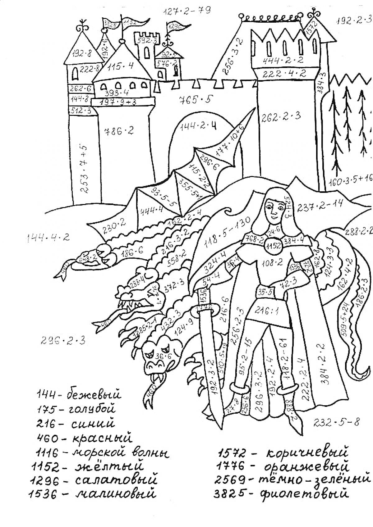 На раскраске изображено: Математические примеры, 4 класс, Средневековый замок, Дракон, Зеленый, Желтый, Темно-зеленый, Голубой, Бежевый, Салатовый, Малиновый, Рыцари, Цифры