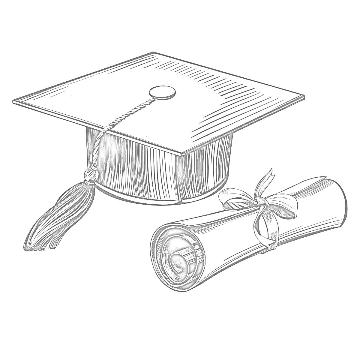 На раскраске изображено: Выпускной, Академическая шапка, Диплом, Лента, Образование, Торжество