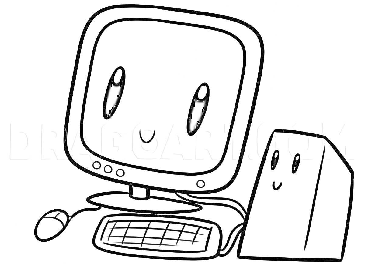 На раскраске изображено: Компьютер, Монитор, Мышь, Клавиатура, Системный блок, Техника