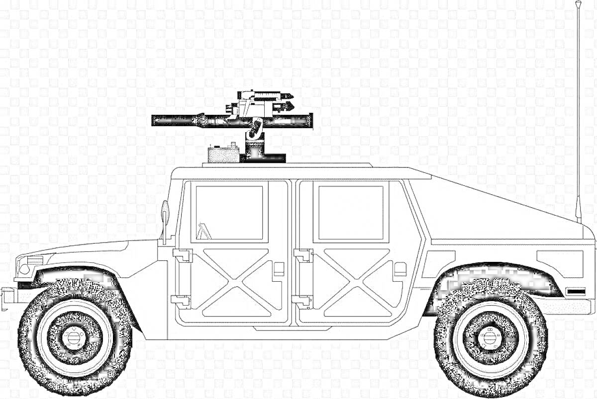 На раскраске изображено: Военный джип, Пулемет, Крыша, Военная техника, Транспорт, Колёса