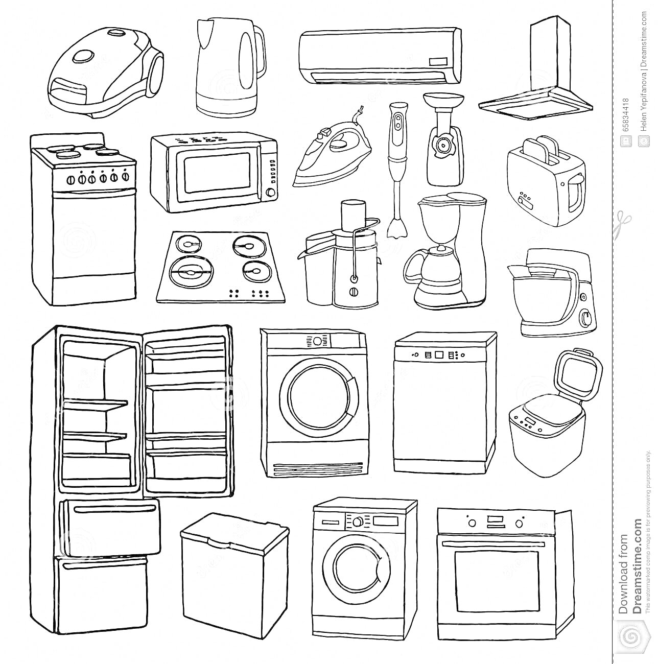 Раскраска Бытовая техника: пылесос, электрический чайник, кондиционер, беспроводной телефон, плита с духовкой, микроволновая печь, утюг, блендер, мясорубка, тостер, кухонный комбайн, кофеварка, хлебопечка, холодильник, стиральная машина, посудомоечная машина, мульт