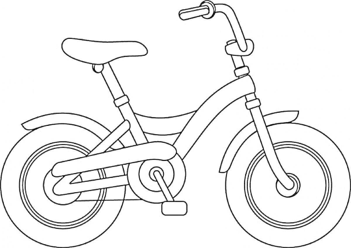 На раскраске изображено: Велосипед, Детский велосипед, Рама, Руль, Седло, Педали, Цепь