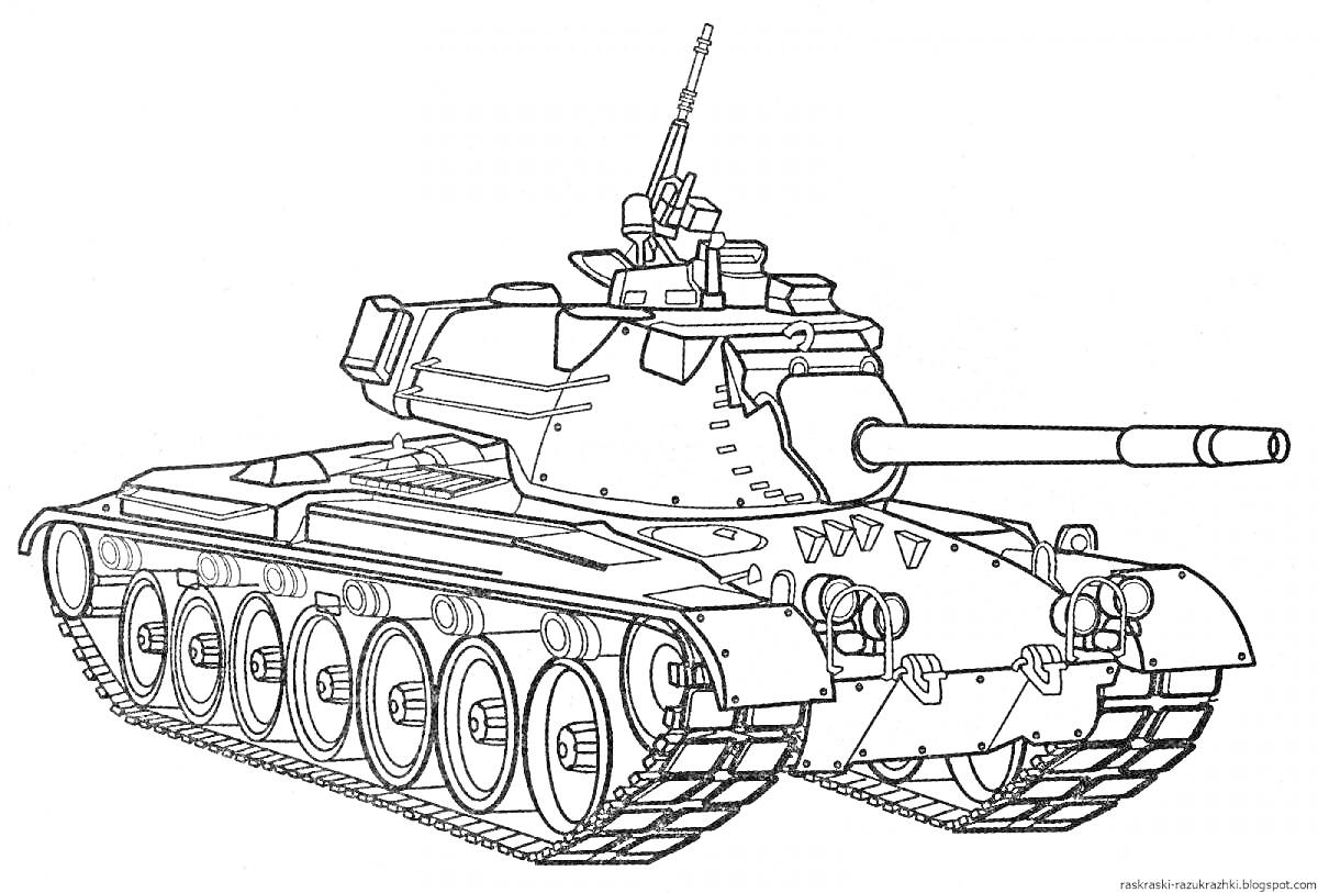 Раскраска Танк с длинным орудием и башней, вооруженный пулеметом, с гусеницами и шестернями, лобовой частью с двумя фарами.