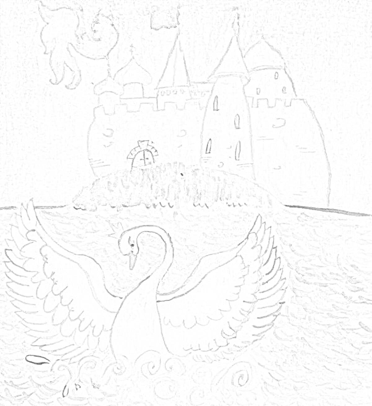 На раскраске изображено: Царевна-лебедь, Замок, Вода, Лебедь, Иллюстрация