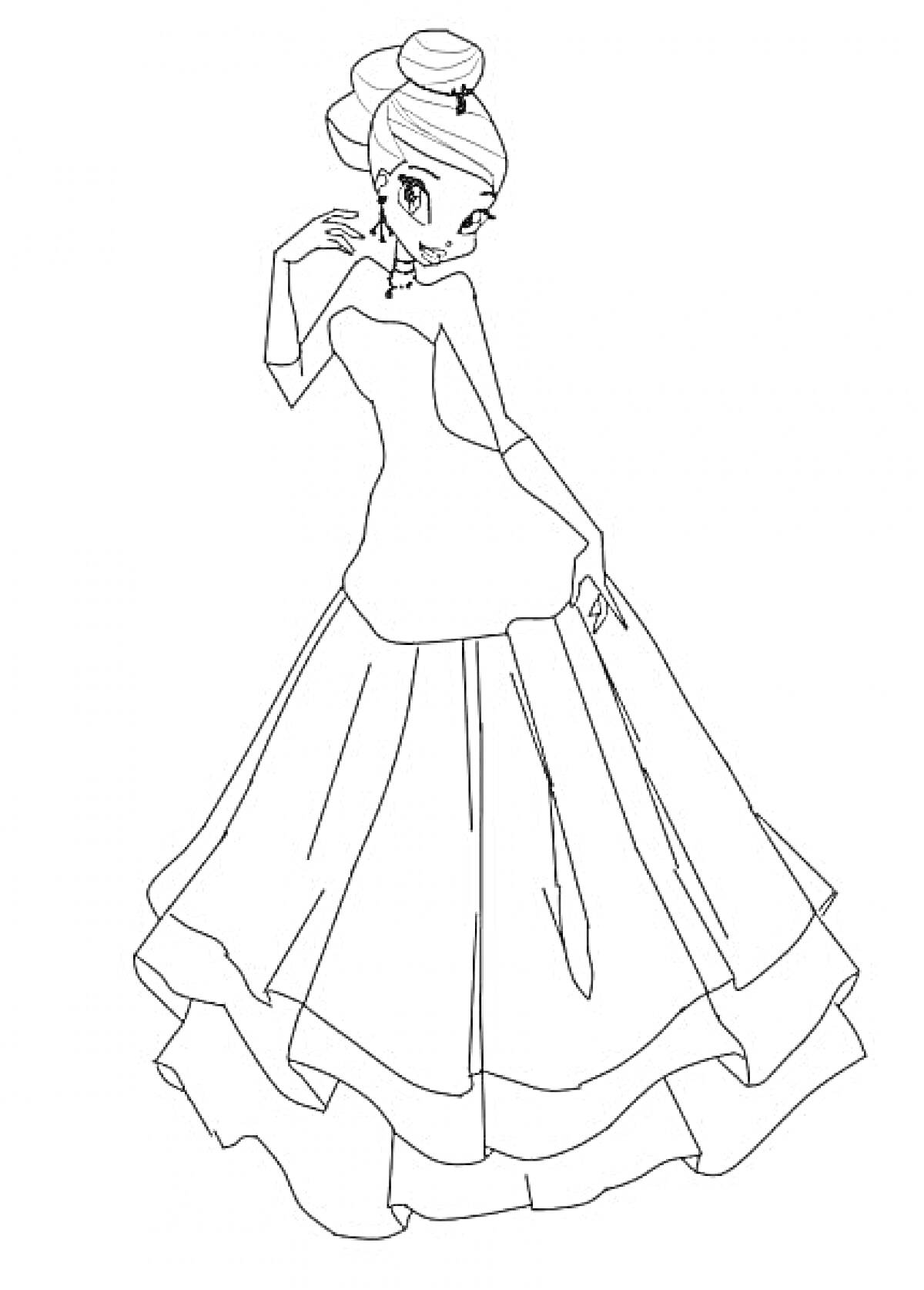 На раскраске изображено: Винкс, Принцесса, Высокая прическа, Длинные платья