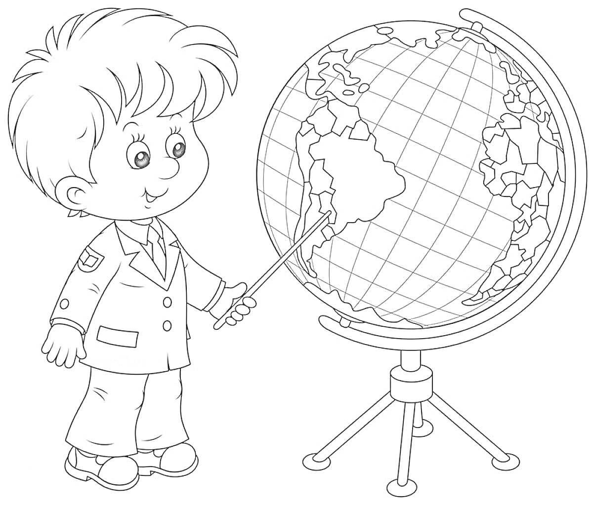 На раскраске изображено: Мальчик, Глобус, Карта мира, Указка, Костюм, География, Обучение, Школа