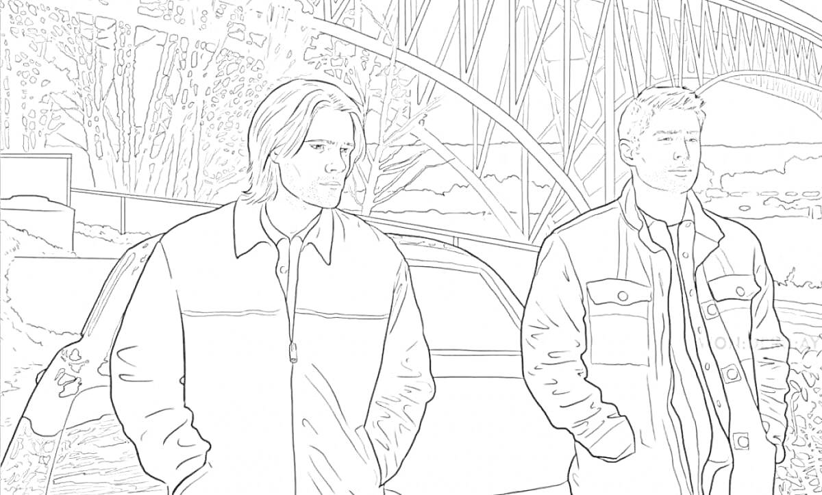 Раскраска Два человека возле машины на фоне моста