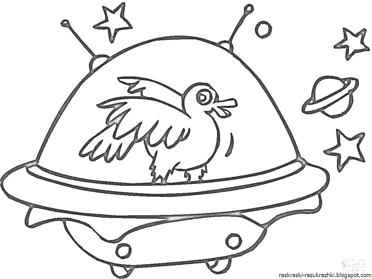 На раскраске изображено: Птица, Звезды, Космос, НЛО, Фантастика
