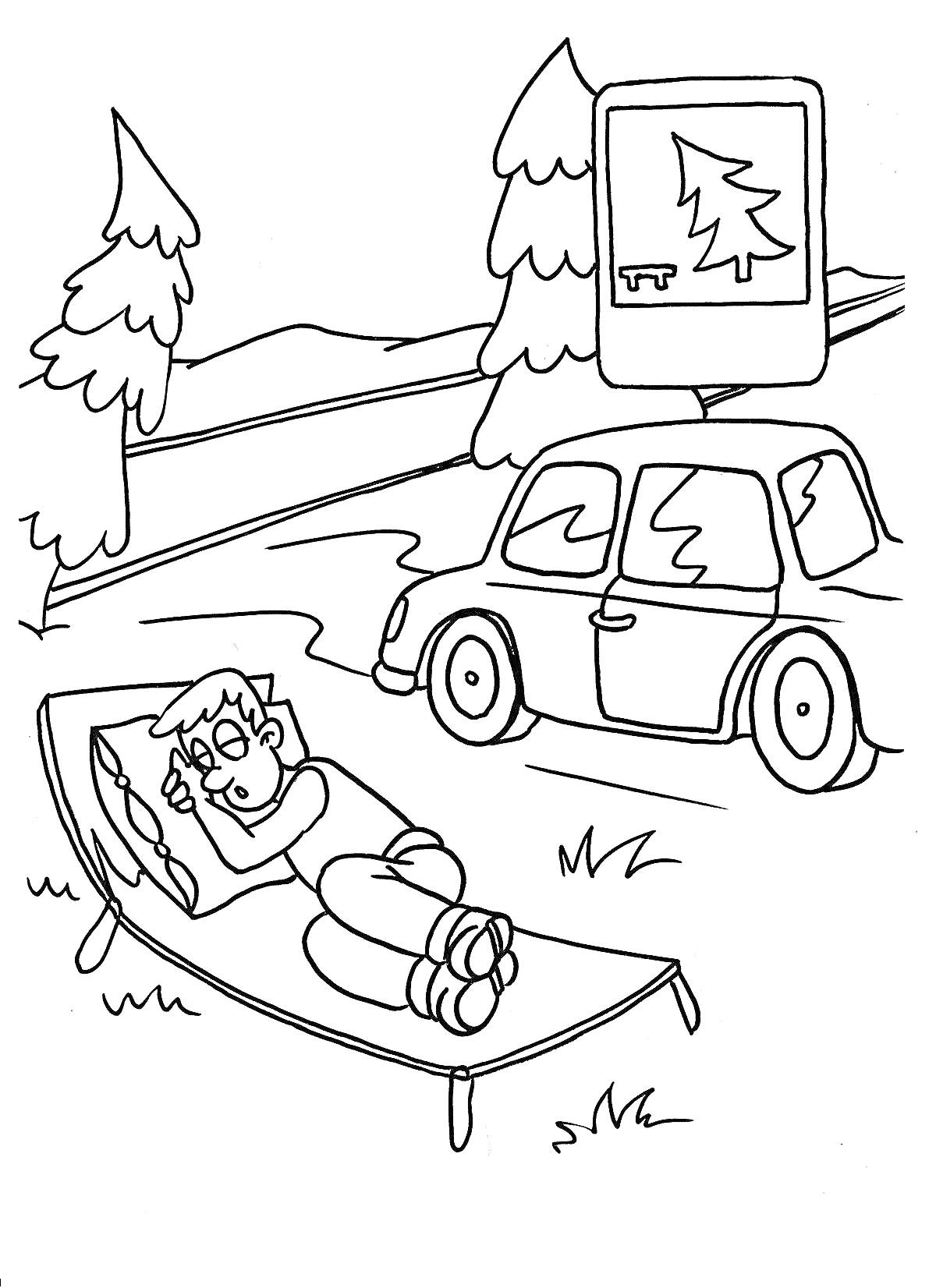 Человек на раскладушке на природе возле автомобиля, рядом с дорожным знаком стоянки для отдыха
