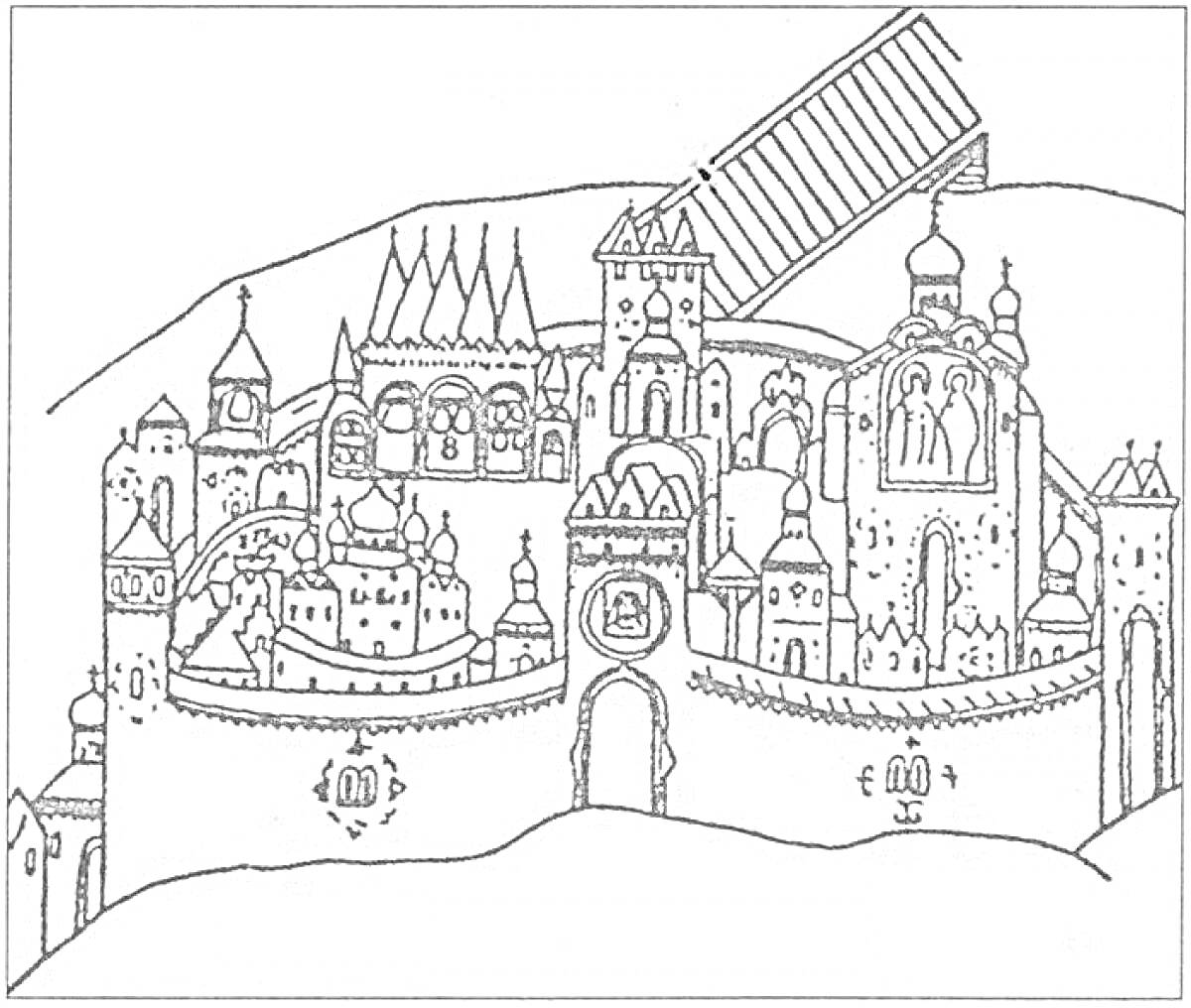 Раскраска Великий Новгород Кремль с башнями, храмами, стенами и воротами