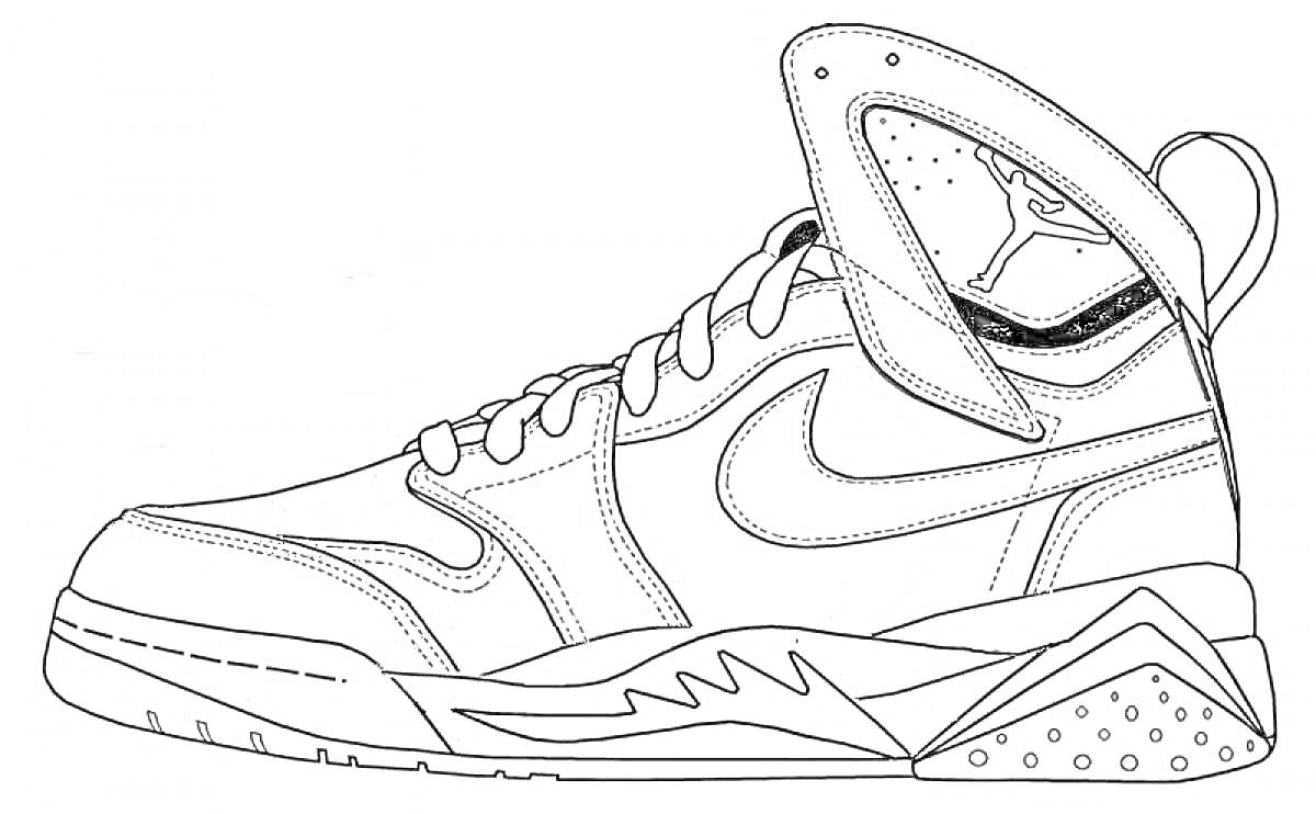 На раскраске изображено: Кроссовки, Nike, Шнурки, Подошва, Спортивная обувь