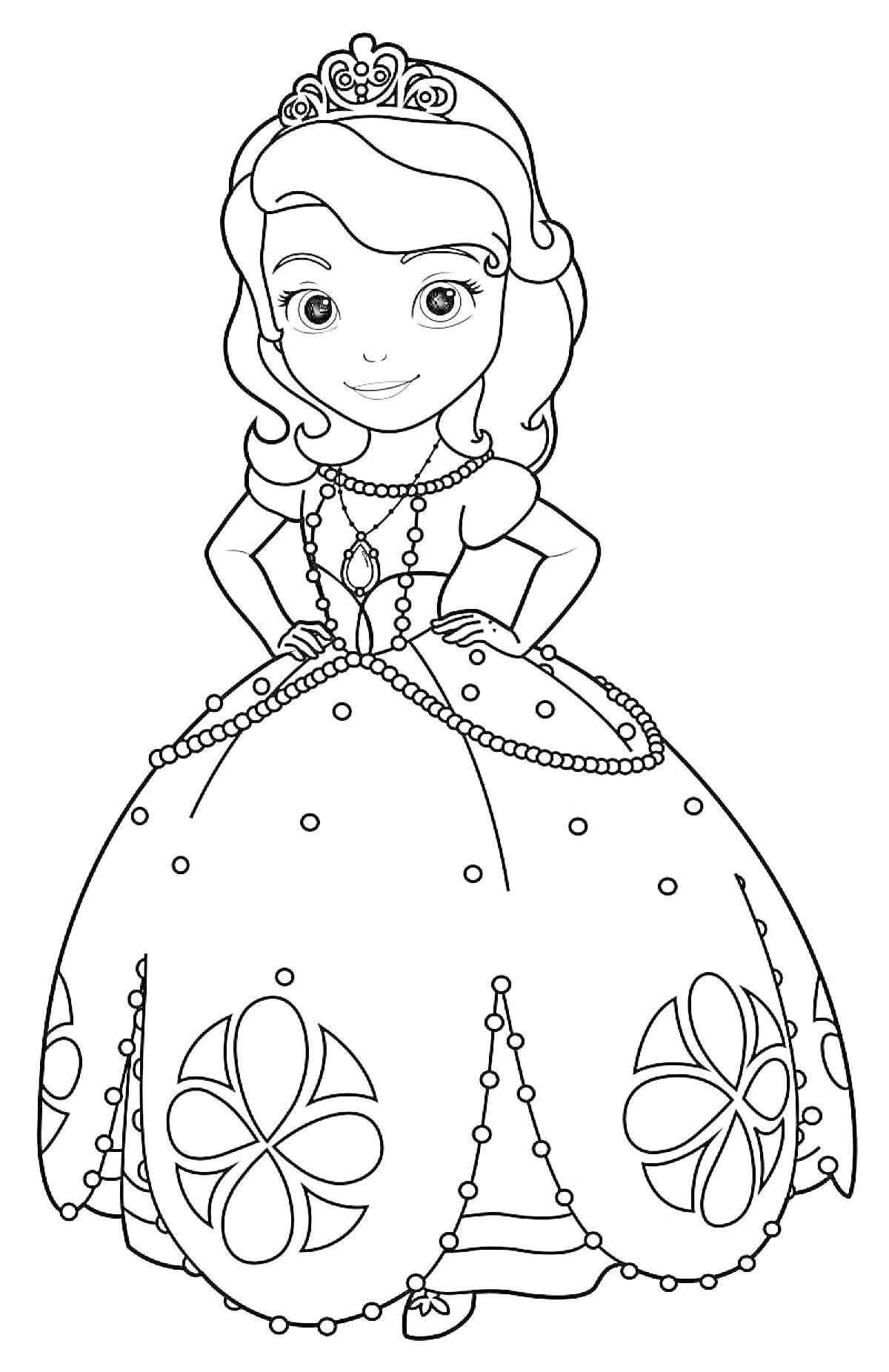 Раскраска Принцесса в длинном платье с цветочными элементами и тиарой