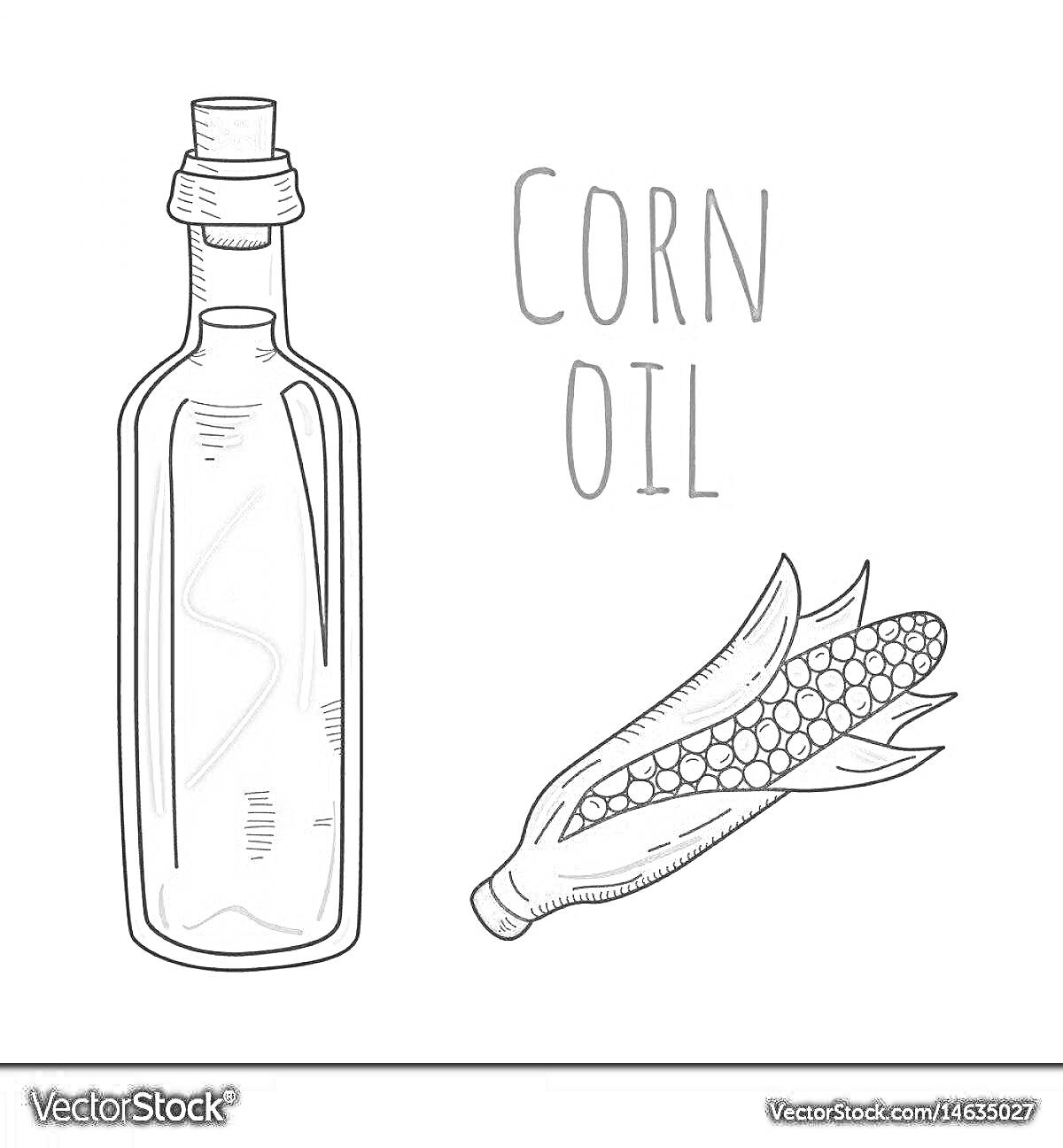 На раскраске изображено: Растительное масло, Кукуруза, Бутылка, Еда, Кухня, Масло