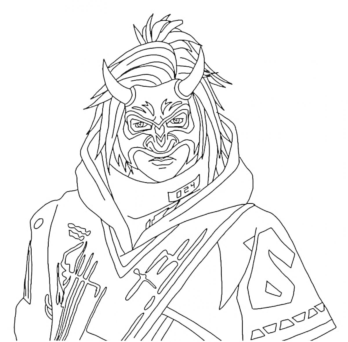 Раскраска Человек в маске с рогами и капюшоном с принтом