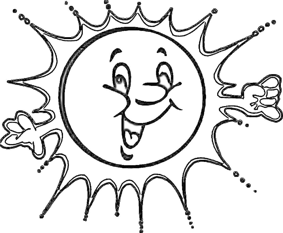 Раскраска Солнышко с улыбкой и руками, окруженное лучами