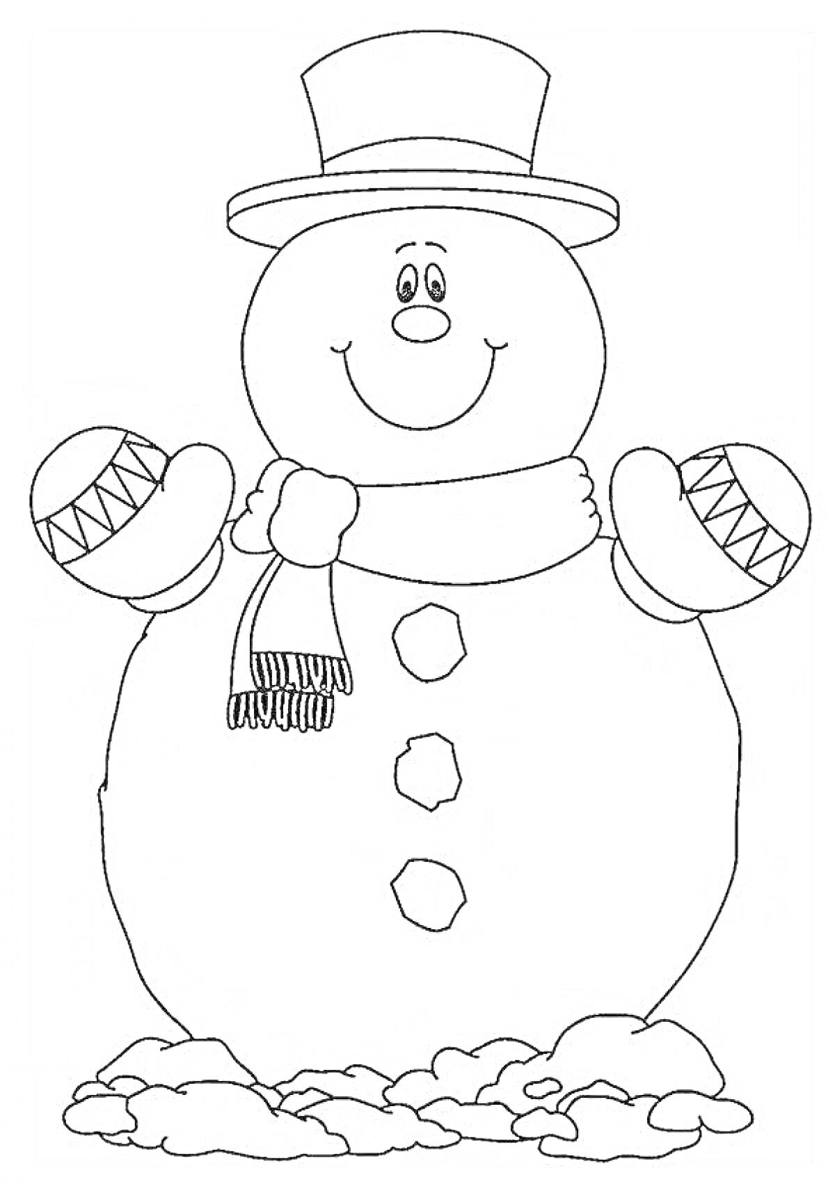 Раскраска Снеговик с ведром на голове, в шарфе и рукавичках, стоящий на снеге.