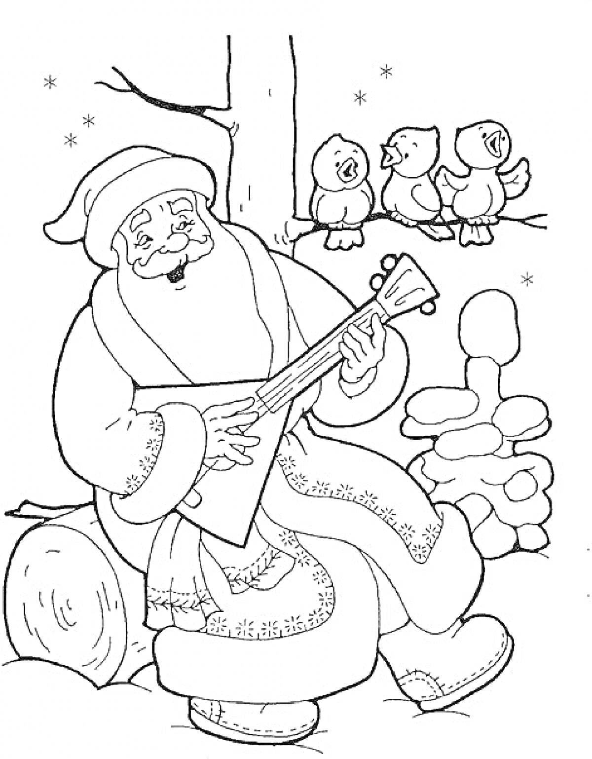 На раскраске изображено: Дед Мороз, Музыкальный инструмент, Зима, Снег, Деревья, Новогодние персонажи, Птица