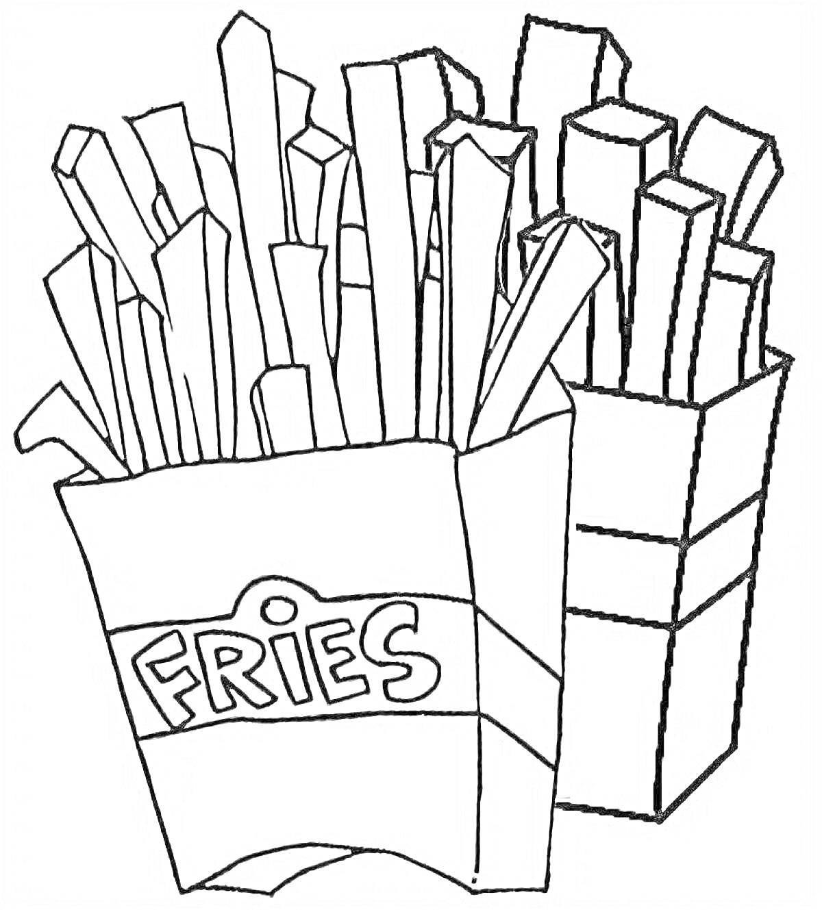 На раскраске изображено: Картофель фри, Еда, Упаковка