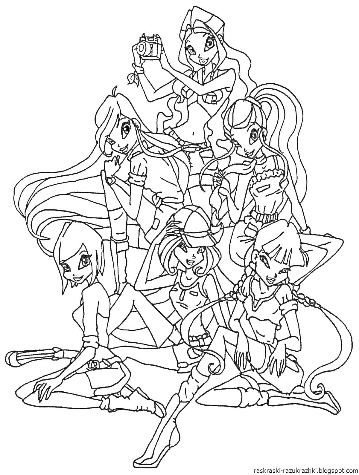 Раскраска Команда Петроникс - семь девушек с разной экипировкой (фотоаппарат, микрофон, планшет, лупа, верёвка)