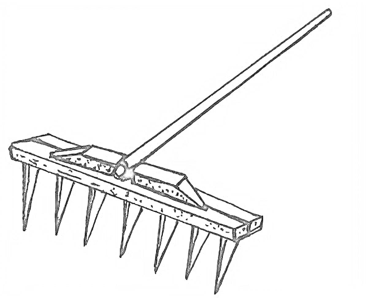 Раскраска Грабли с шестью длинными зубьями и длинной ручкой