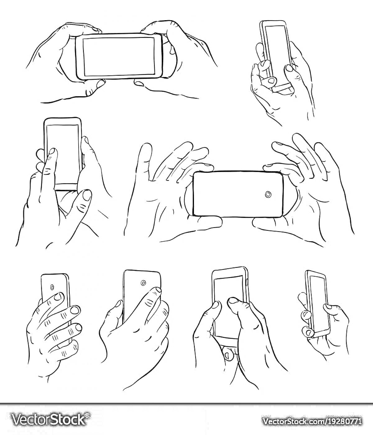 На раскраске изображено: Руки, Смартфон, Телефон, Пальцы, Экран, Иллюстрация, Вертикальный, Жесты