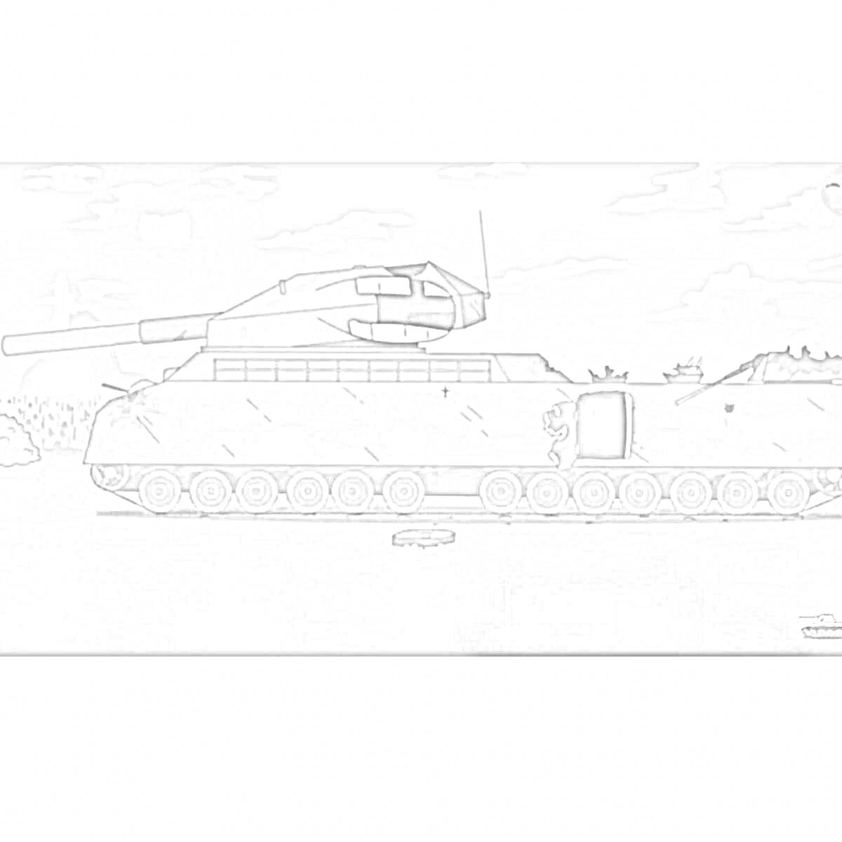 На раскраске изображено: Ратте танк, Танк, Геранд, Пушка, Небо, Облака, Ландшафт, Военная техника