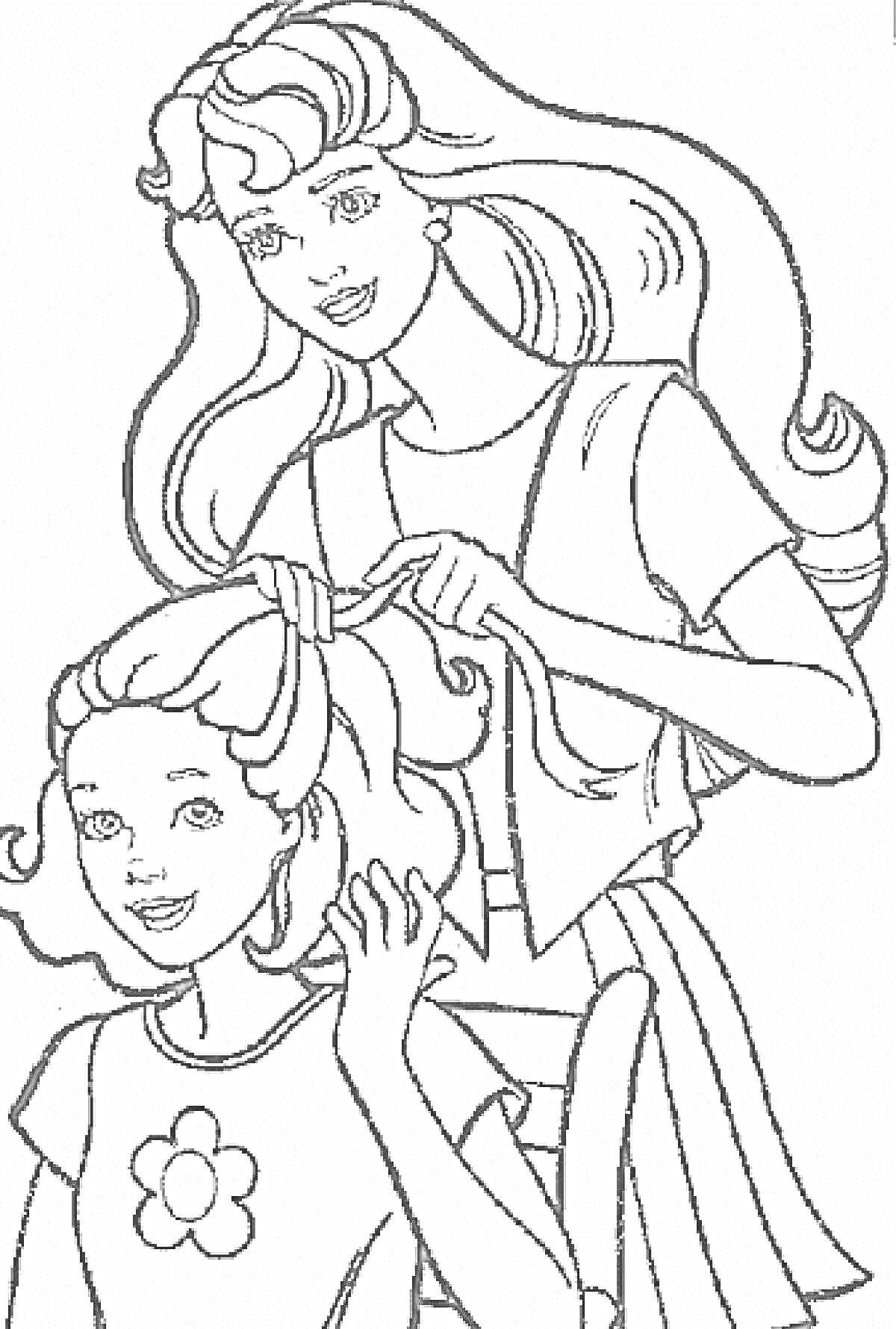 Раскраска Старшая сестра заплетает младшей сестре косички, обе улыбаются