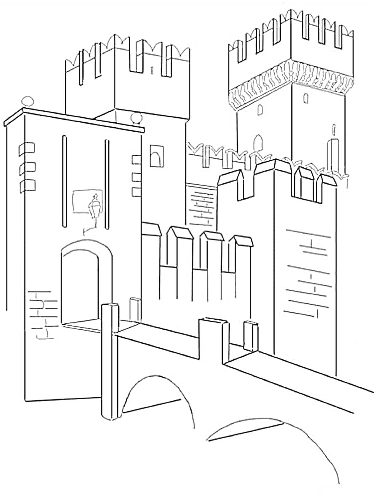 На раскраске изображено: Замок, Башни, Мост, Крепость, Архитектура, Стена, Средневековье