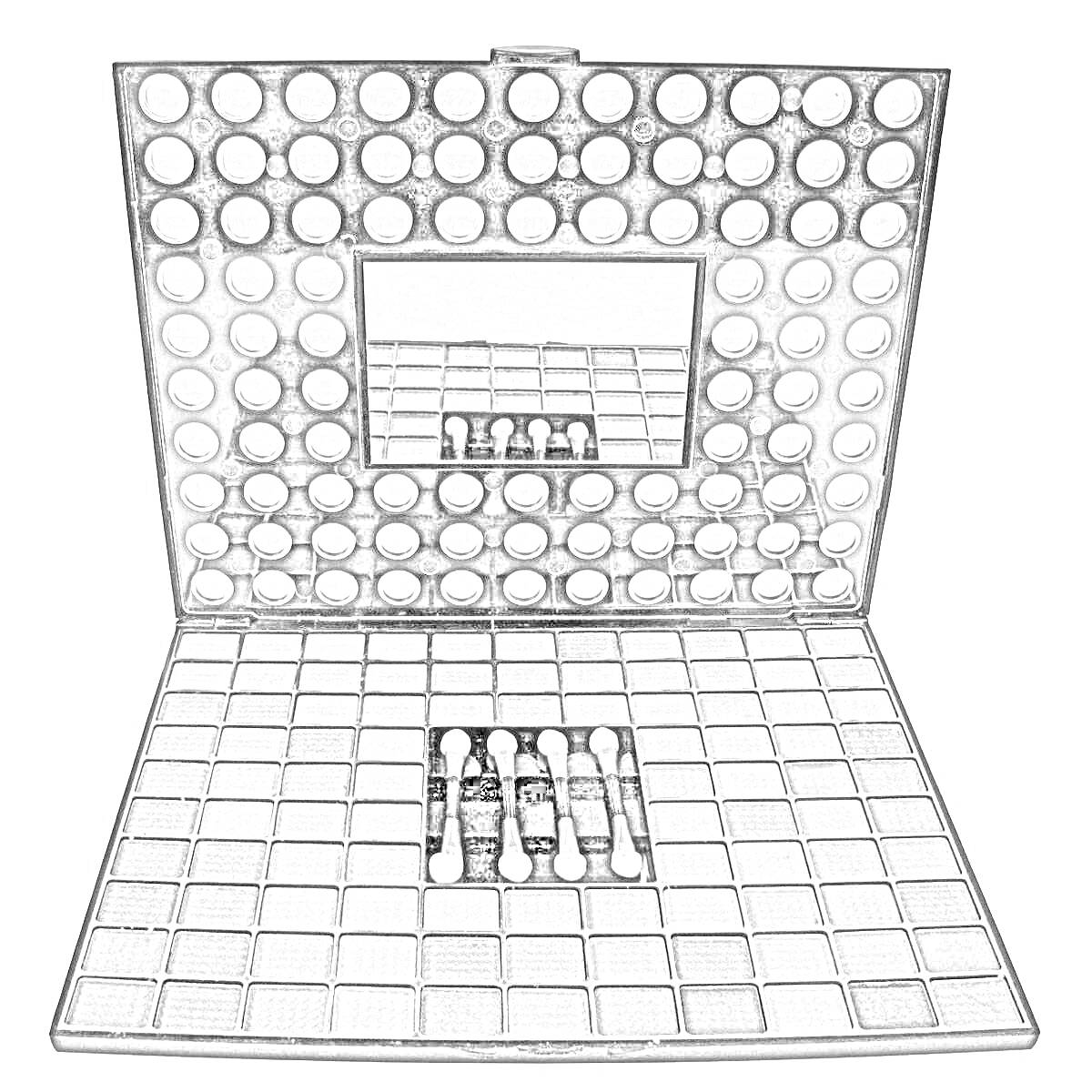 На раскраске изображено: Палетка, Тени для век, Зеркало, Макияж, Косметика