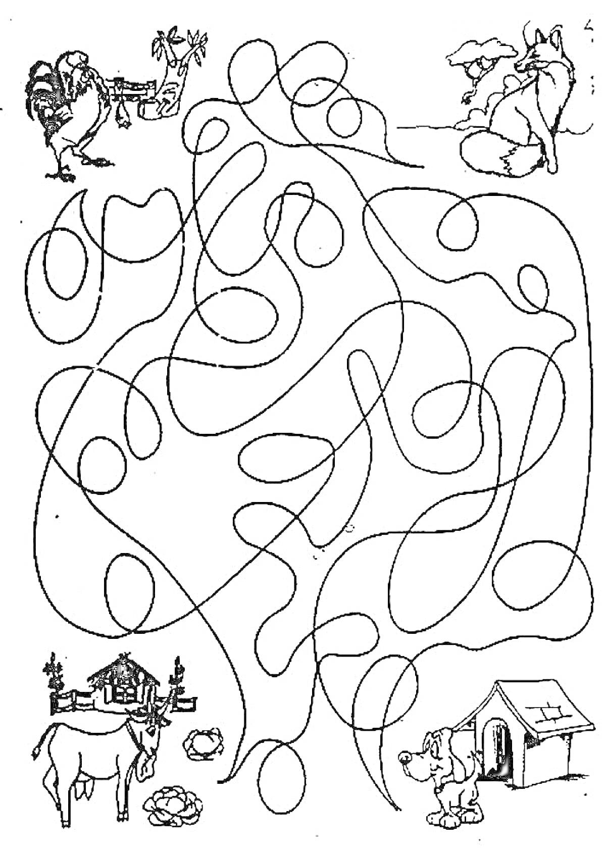 Раскраска Фермер с петухом, лиса, домик, корова с телёнком, собака с конурой и запутанные линии