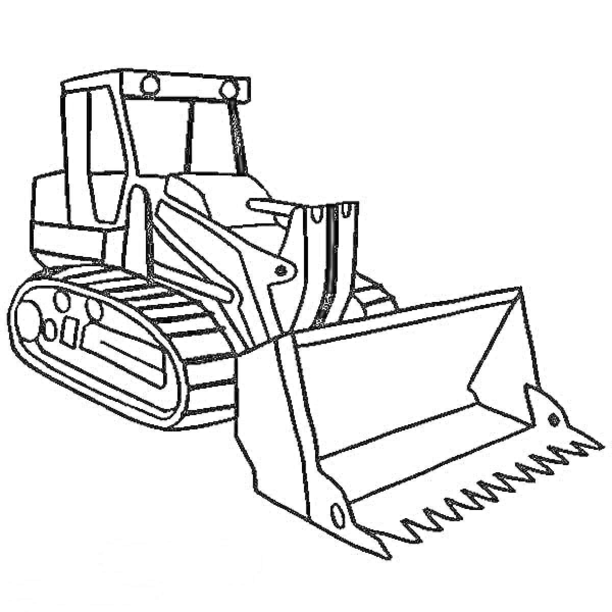 На раскраске изображено: Трактор, Гусеничный, Ковш, Погрузчик, Строительная техника