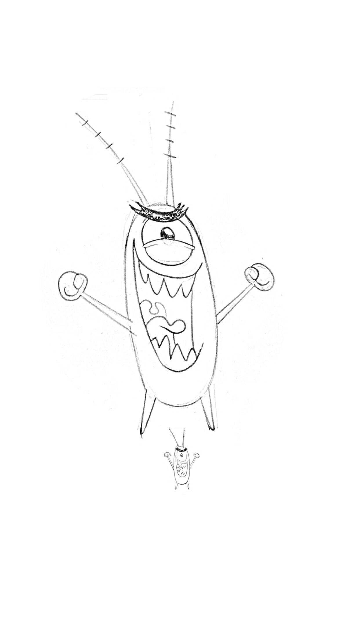 На раскраске изображено: Спанч Боб, Планктон, Персонаж, Открытый рот, Поднятые руки, Антенны