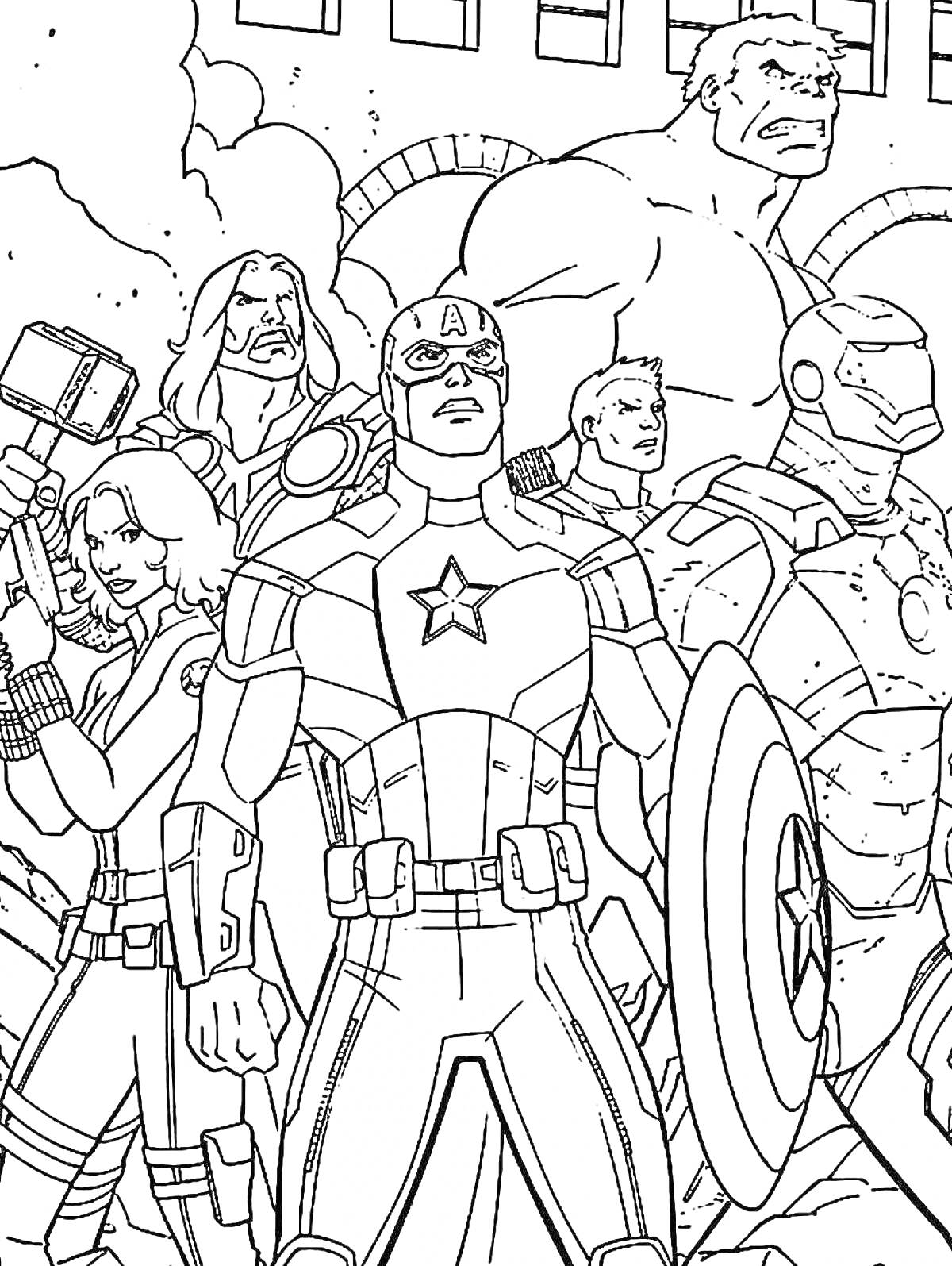 На раскраске изображено: Мстители, Супергерои, Марвел, Капитан америка, Тор, Железный человек, Халк, Черная вдова, Из мультфильмов