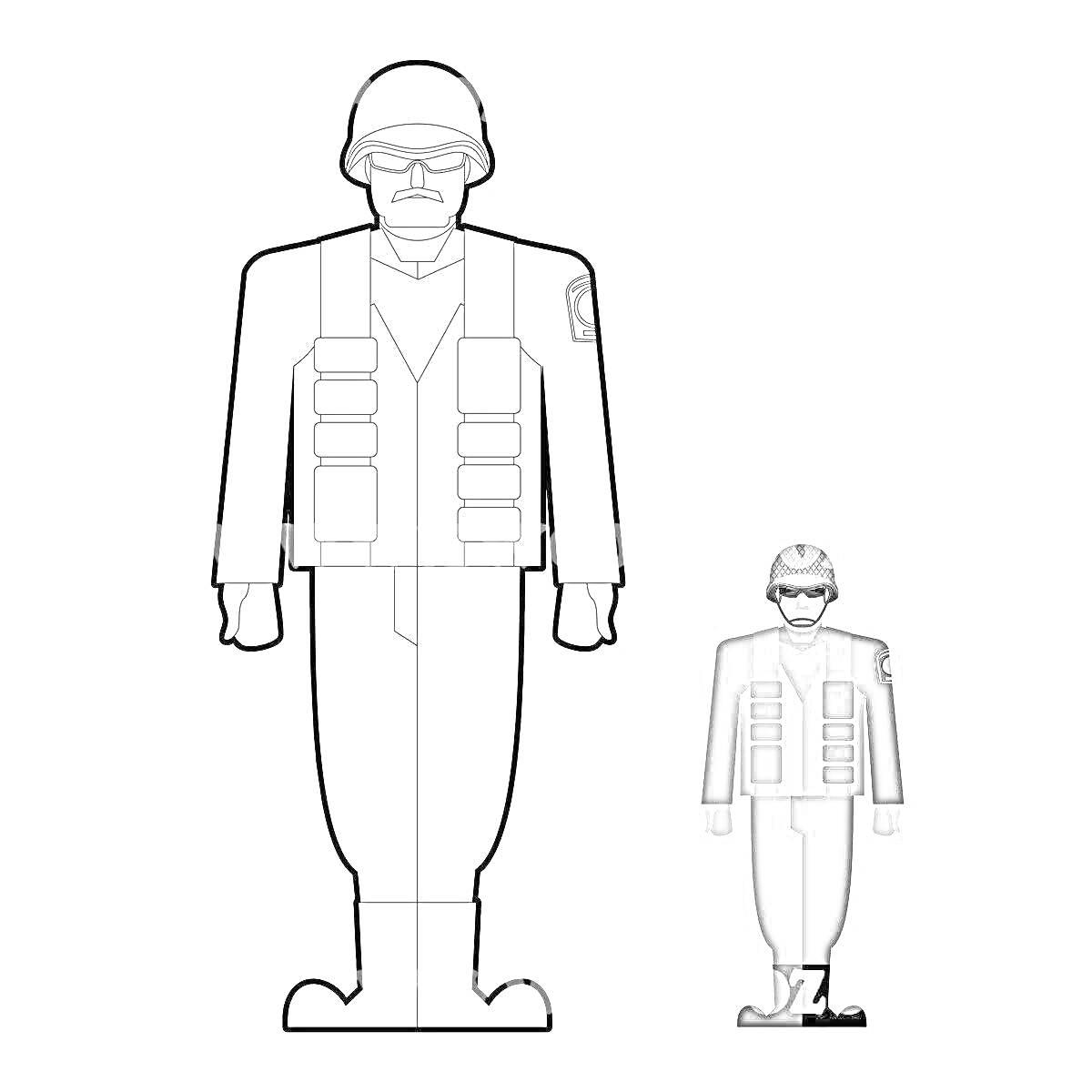 Раскраска Солдат на посту в каске и очках, крупное изображение, маленькое раскрашенное изображение.