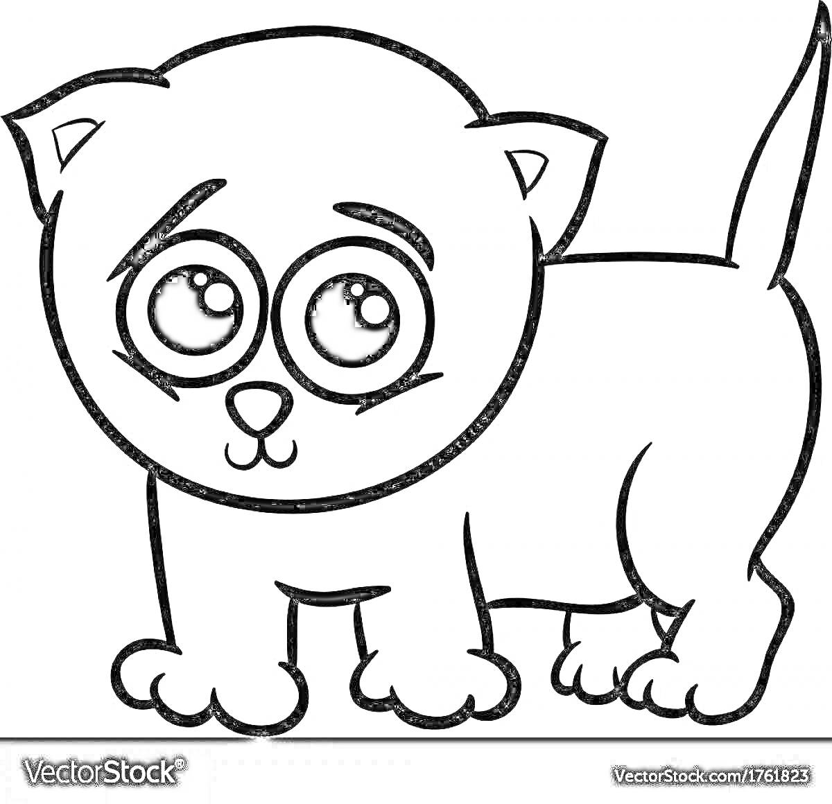 Раскраска котенок лайка с большими глазами и поднятым хвостиком
