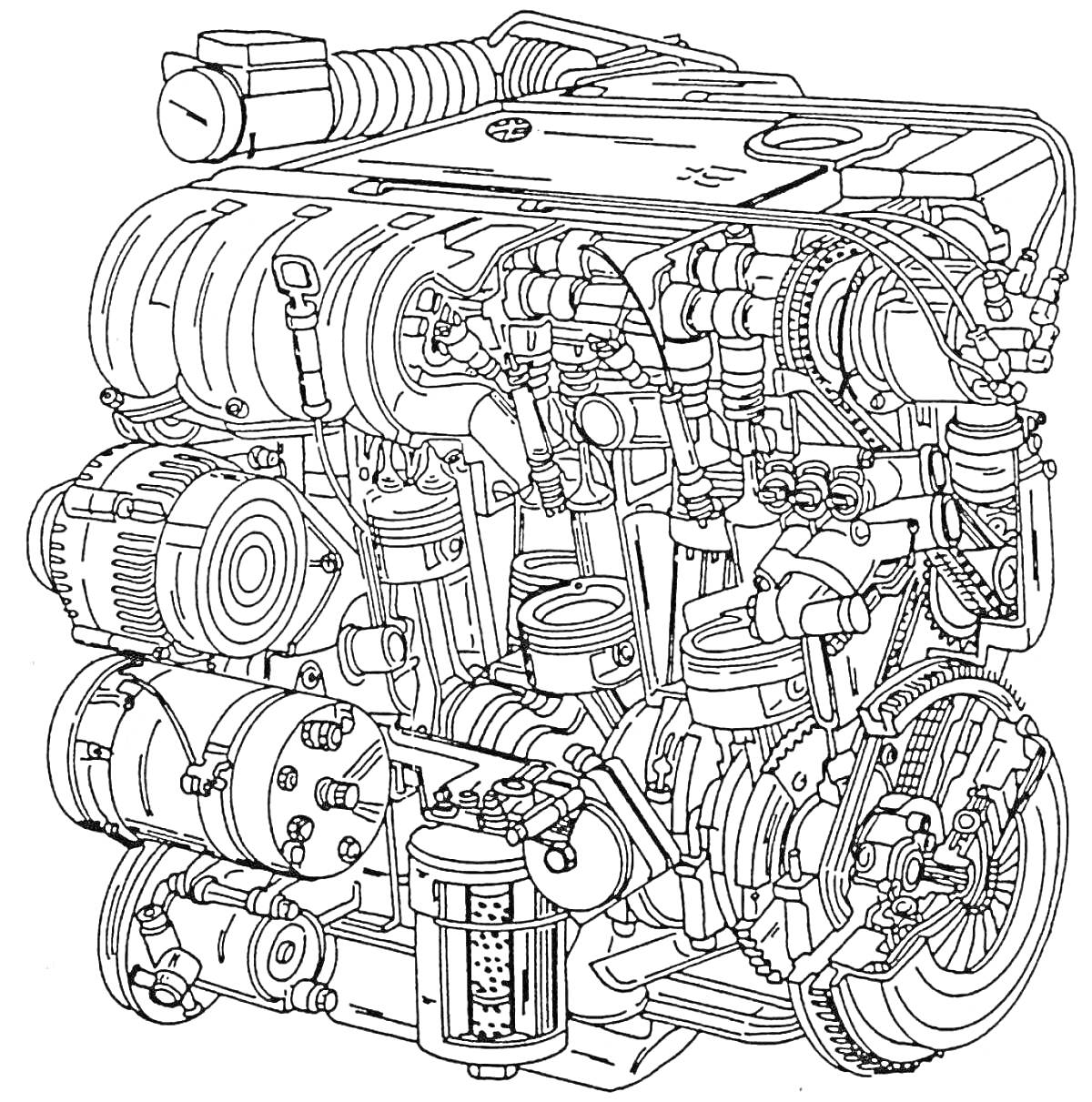 Изображение двигателя с подробностями, включая цилиндры, трубопроводы, ремни, вентиляторы, кабели, топливные фильтры и другие компоненты.