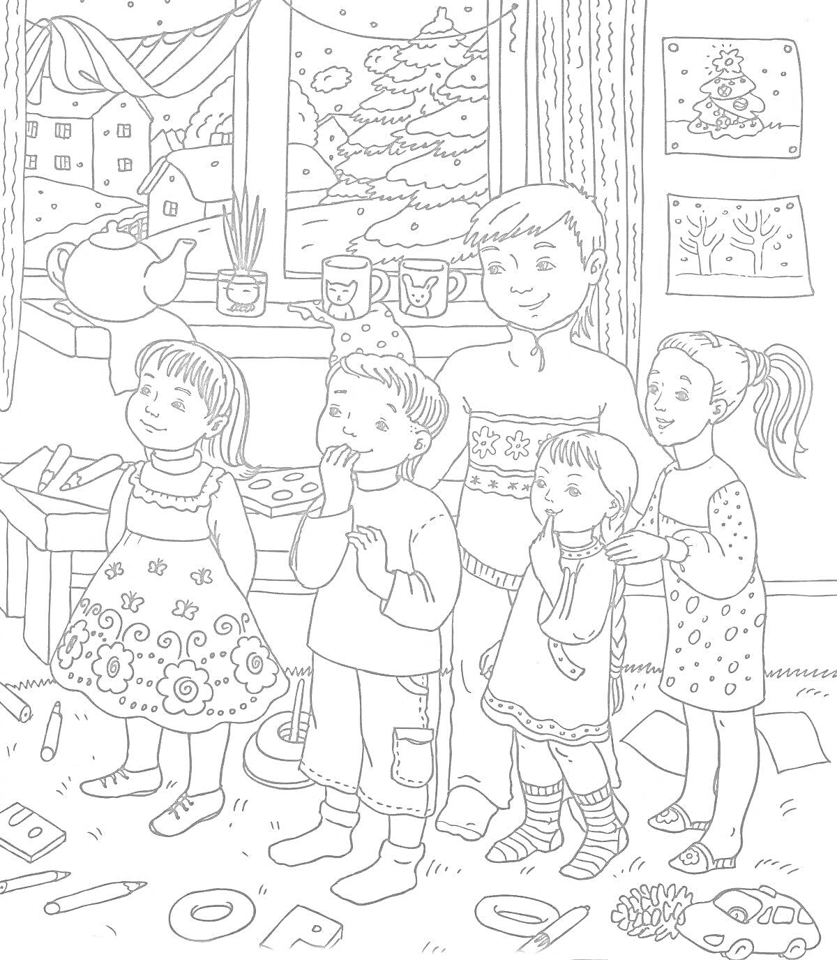 На раскраске изображено: Рождество, Колядки, Зима, Зимний пейзаж, Кружки, Игрушки, Зимняя одежда